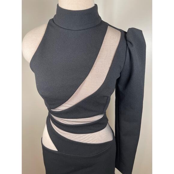 PatBO Spiral One Sleeve Black Illusion High Neck Asymmetric Mesh Mini Dress Sz 0 - Picture 7 of 14